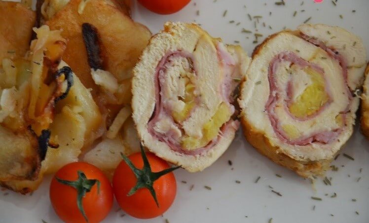 Milanesas de cerdo rellenas de queso manchego, jamón y setas